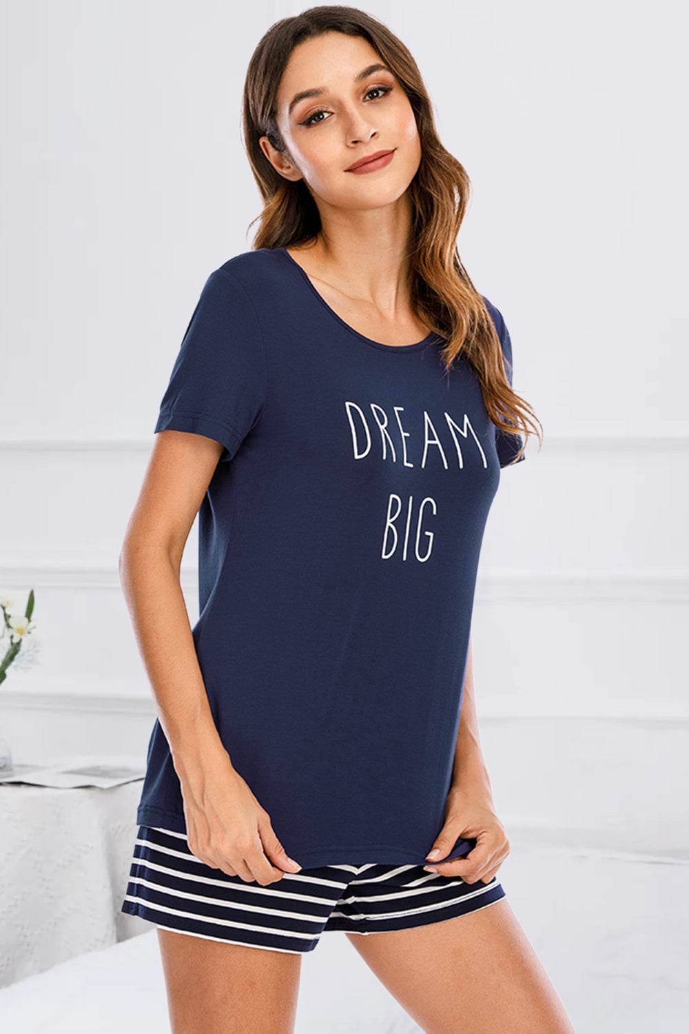Graphic Round Neck Top and Striped Shorts Lounge Set - DaTrendStore.Com