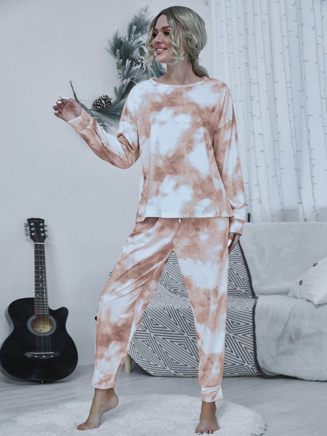 Shiny Tie-dye Round Neck Top and Drawstring Pants Lounge Set - DaTrendStore.Com