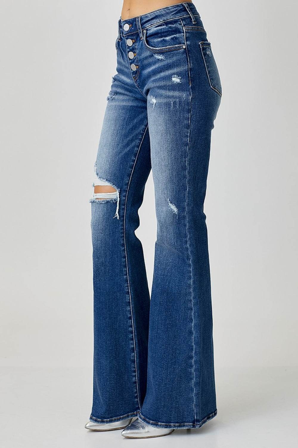 RISEN Distressed Button-Fly Flare Jeans - DaTrendStore.Com
