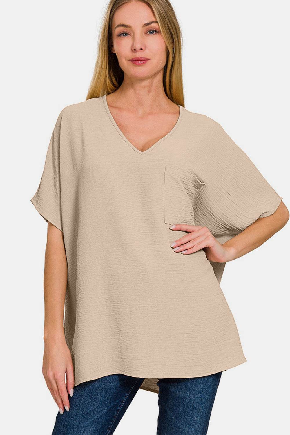 Zenana Full Size Texture V-Neck Short Sleeve Top - DaTrendStore.Com