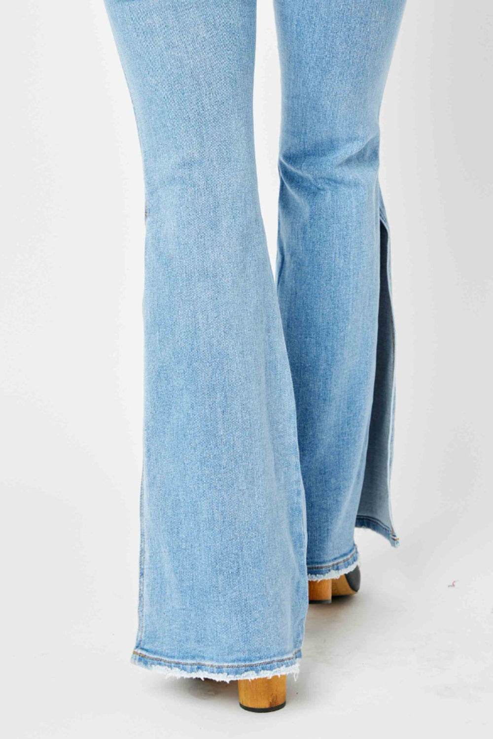 Judy Blue Full Size Mid Rise Raw Hem Slit Flare Jeans - DaTrendStore.Com