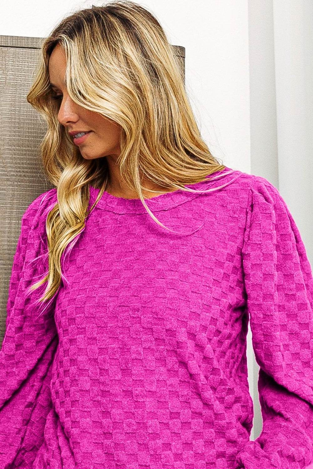 BiBi Round Neck Brushed Checker Top - DaTrendStore.Com