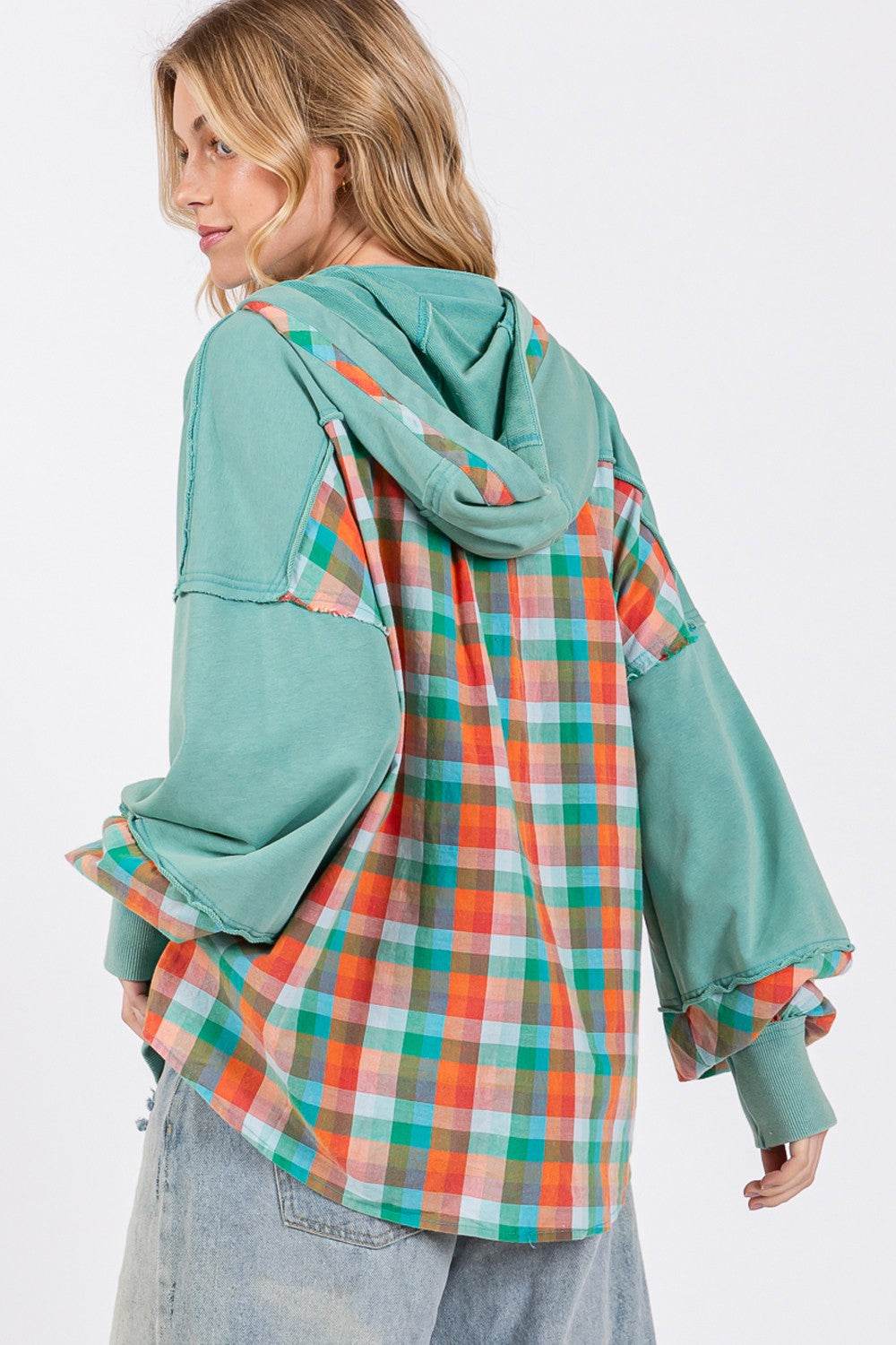 SAGE + FIG Full Size Plaid Print Washed Hoodie - DaTrendStore.Com