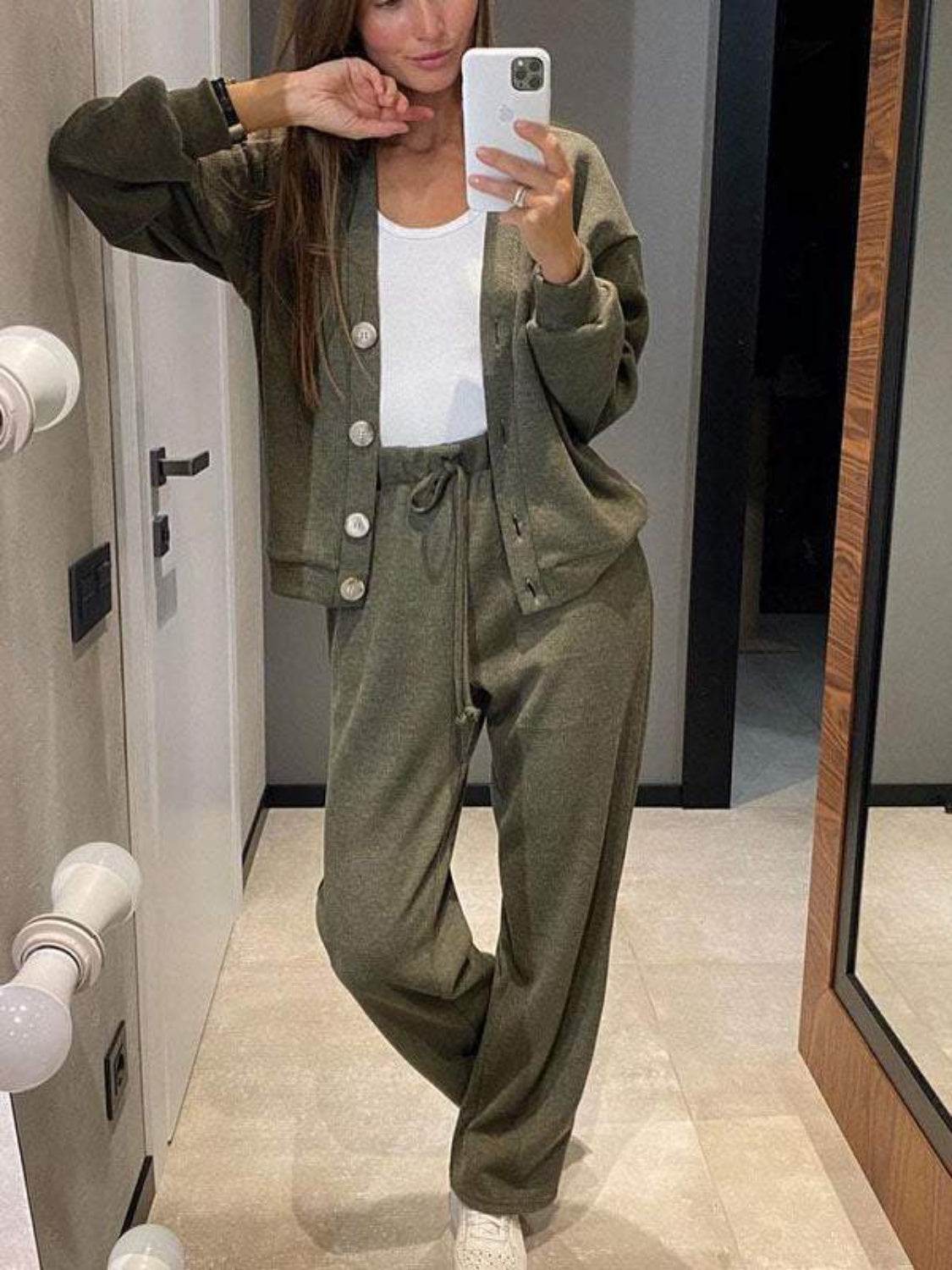 Full Size Button Up Long Sleeve Top and Pants Set - DaTrendStore.Com