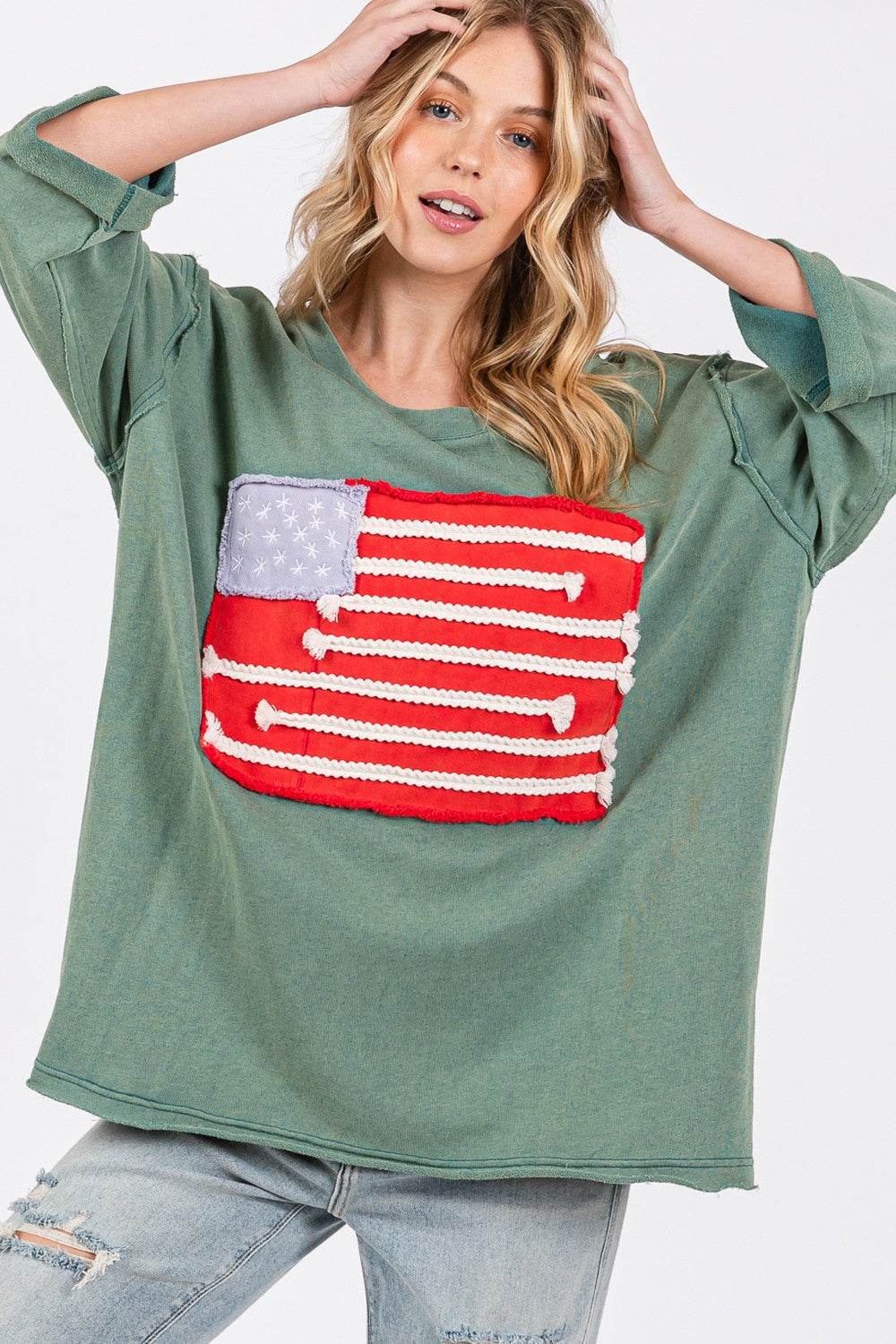SAGE + FIG Full Size American Flag Patch Drop Shoulder T-Shirt - DaTrendStore.Com