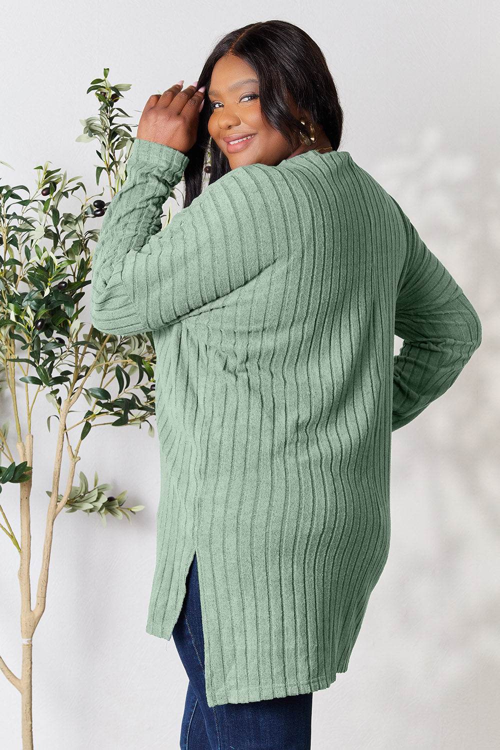 Basic Bae Full Size Ribbed Round Neck Long Sleeve Slit Top - DaTrendStore.Com