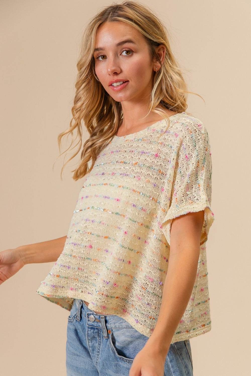 BiBi Striped Popcorn Knit Top - DaTrendStore.Com