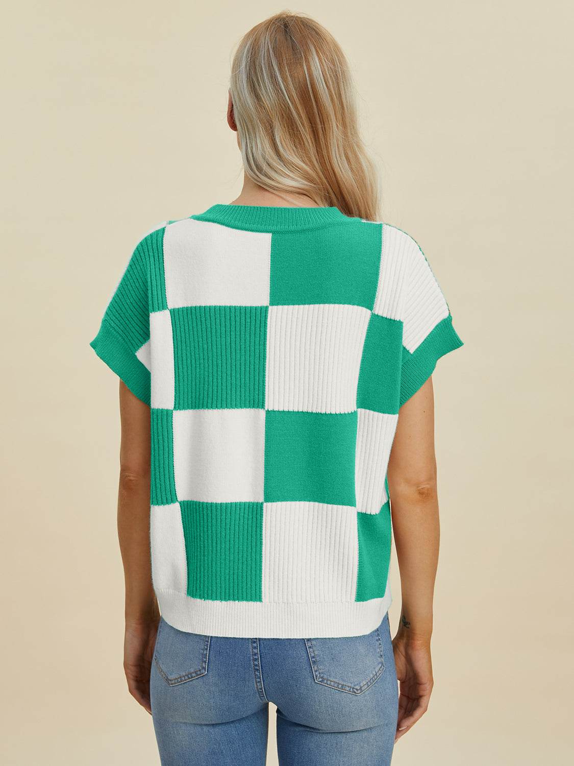 Double Take Full Size Checkered Round Neck Short Sleeve Sweater - DaTrendStore.Com