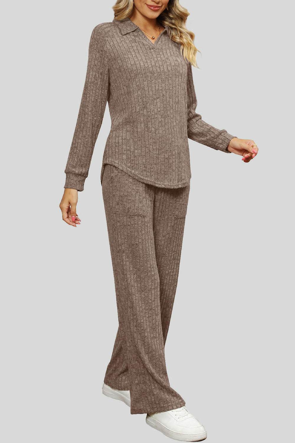Ribbed Long Sleeve Top and Pocketed Pants Set - DaTrendStore.Com
