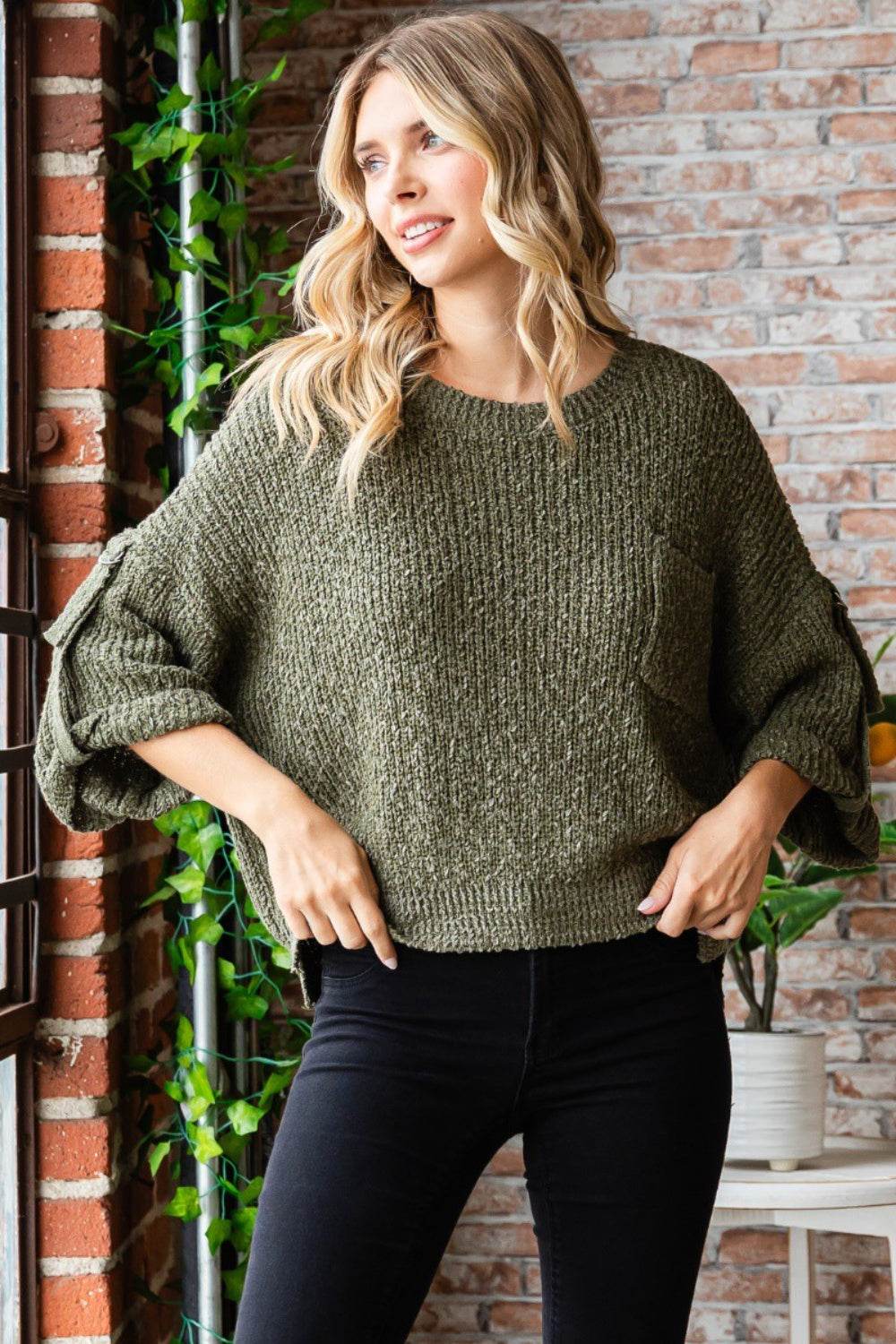 Veveret Round Neck Roll-Up Sweater - DaTrendStore.Com
