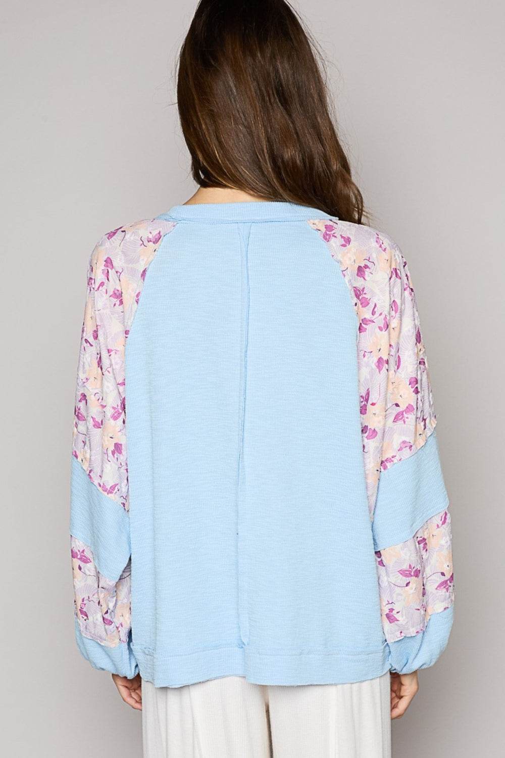 POL Round Neck Balloon Floral Long Sleeve Top - DaTrendStore.Com