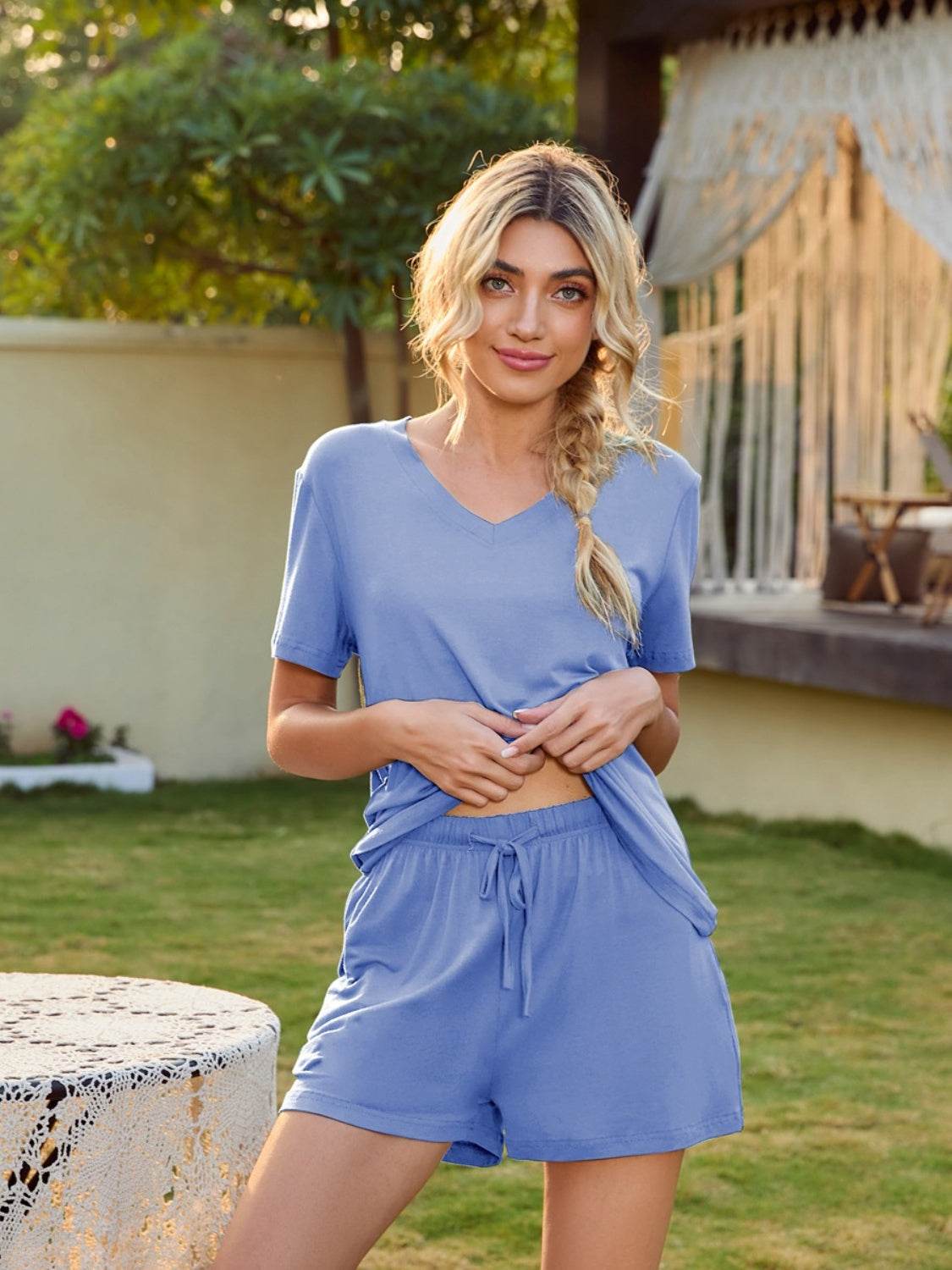 V-Neck Short Sleeve Top and Pocketed Shorts Lounge Set - DaTrendStore.Com