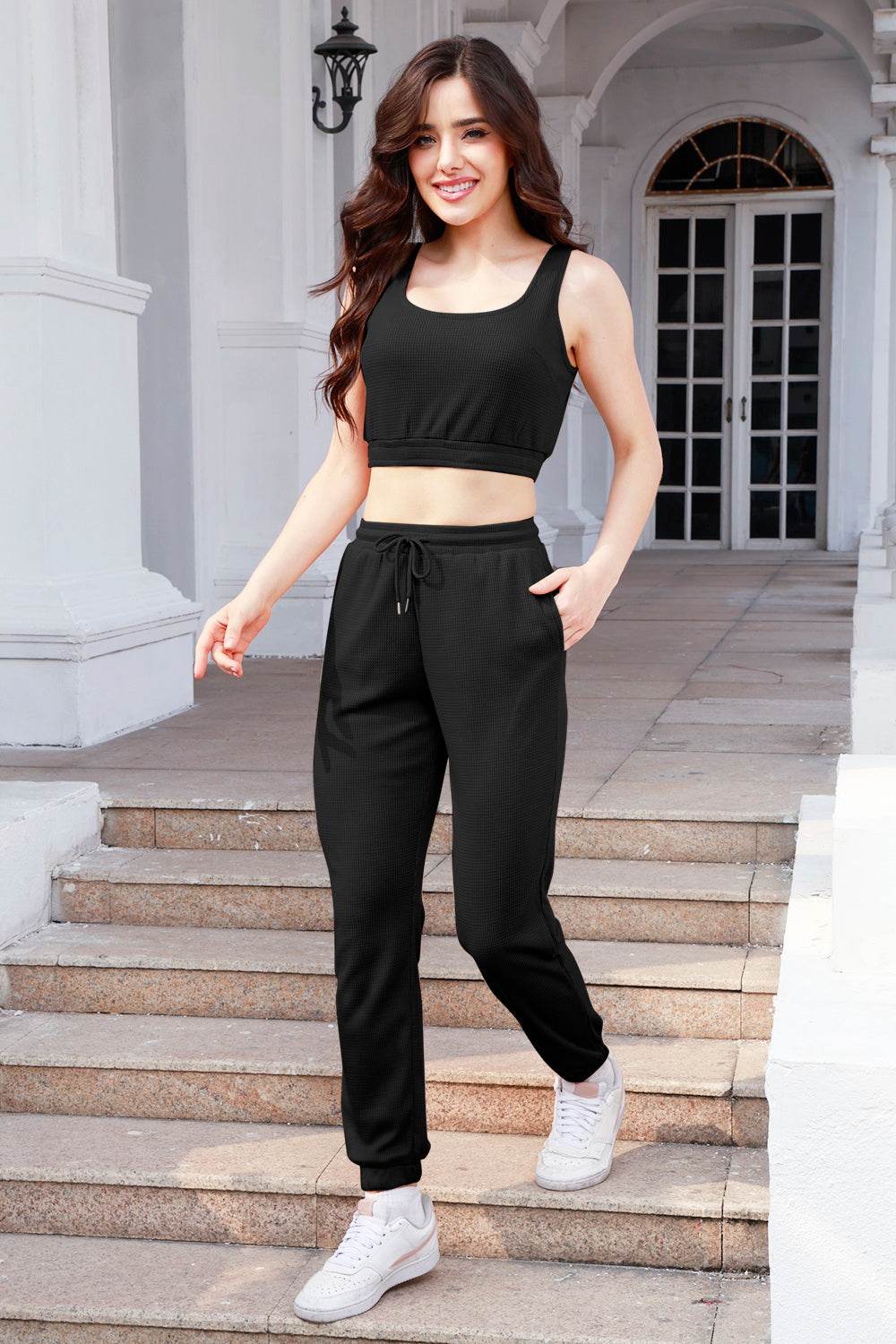 Waffle-Knit Cropped Tank and Drawstring Pants Set - DaTrendStore.Com