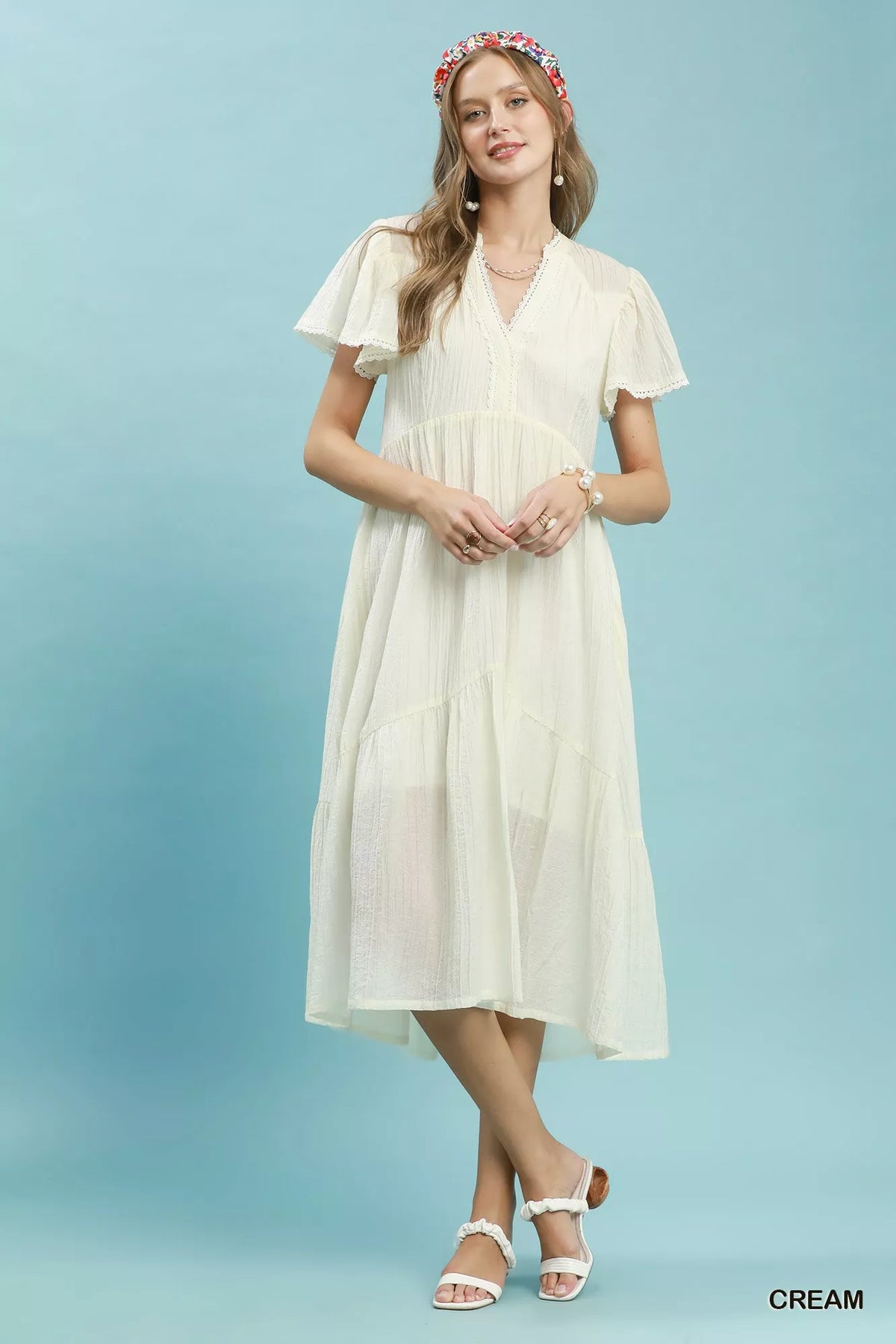Umgee Textured Tiered Midi Dress with Side Pockets - Cream