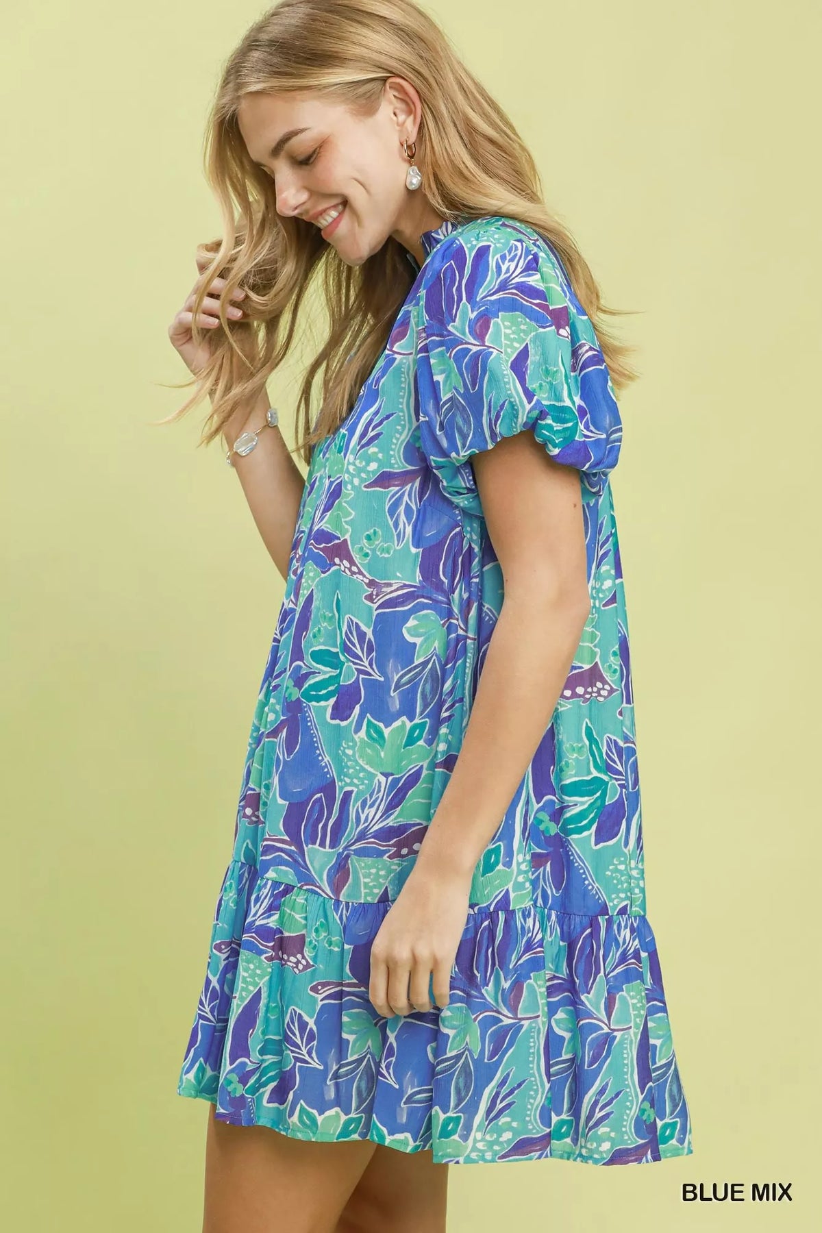 Umgee Tropical Floral Puff Sleeve Tiered Mini Dress - Blue Mix