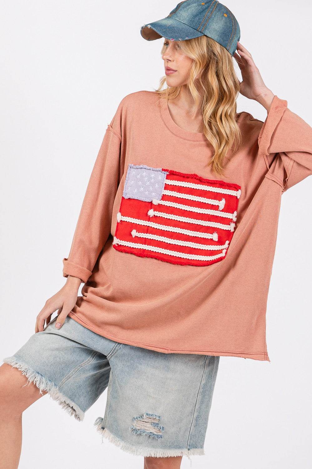 SAGE + FIG Full Size American Flag Patch Drop Shoulder T-Shirt - DaTrendStore.Com