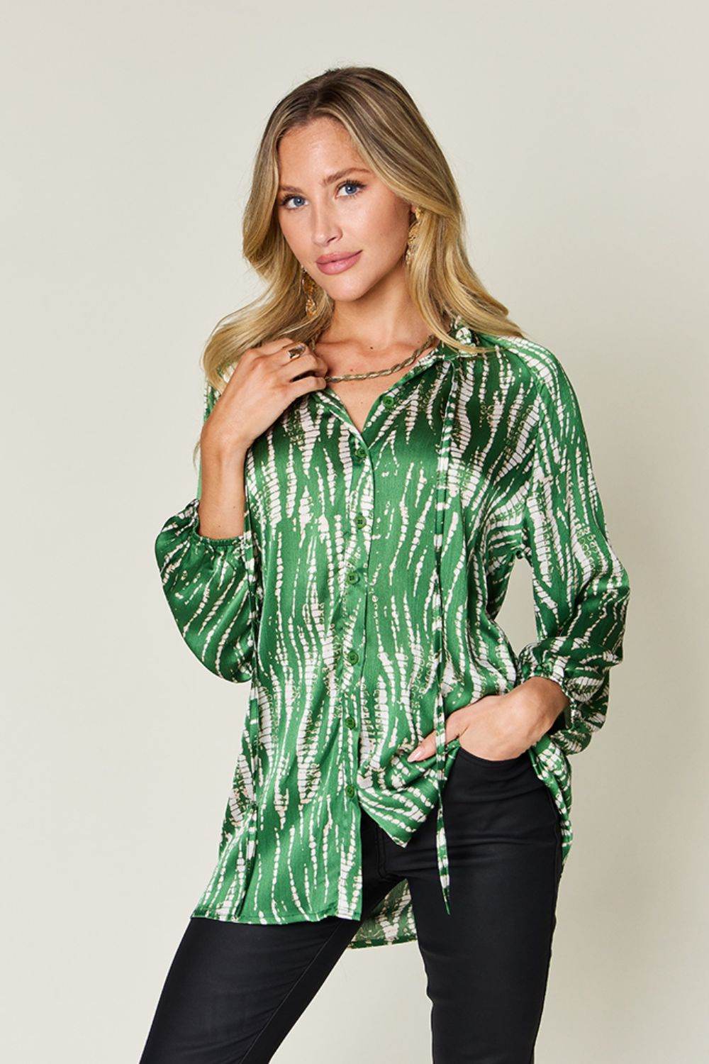 Double Take Full Size Printed Button Up Long Sleeve Shirt - DaTrendStore.Com