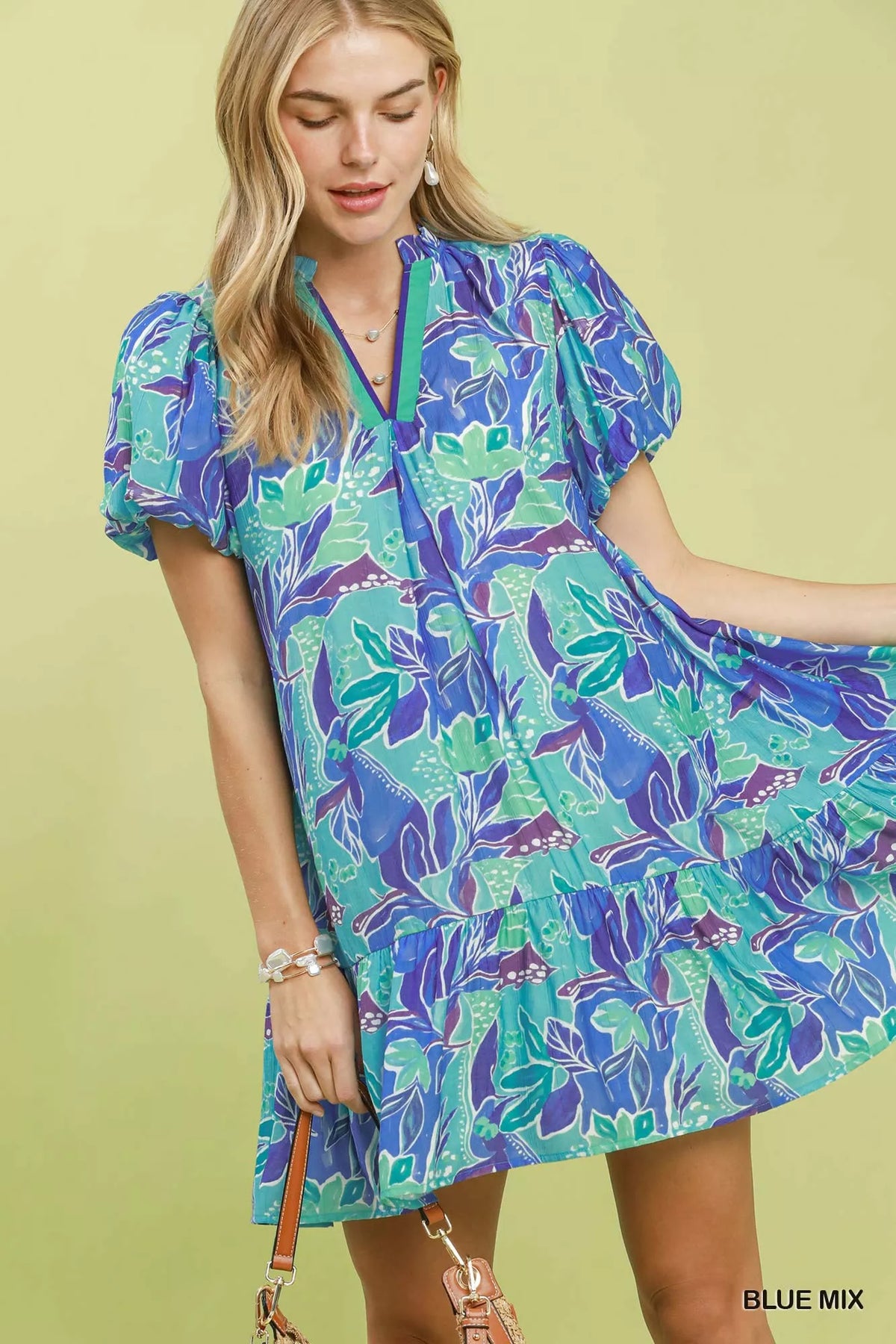 Umgee Tropical Floral Puff Sleeve Tiered Mini Dress - Blue Mix