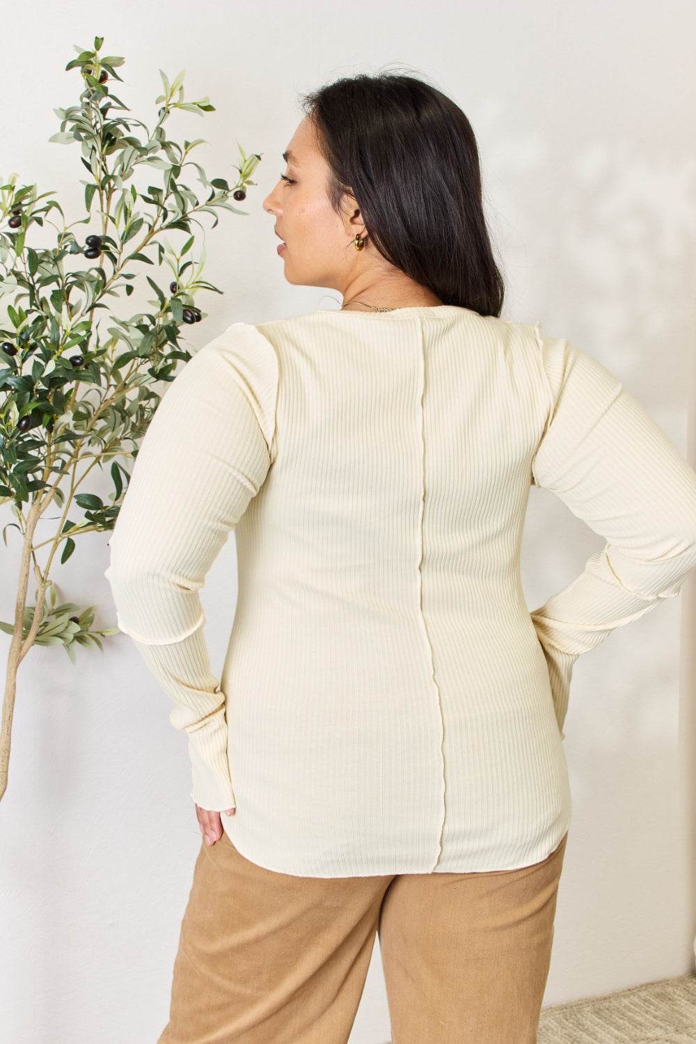 Culture Code Full Size Ribbed Round Neck Long Sleeve Top - DaTrendStore.Com