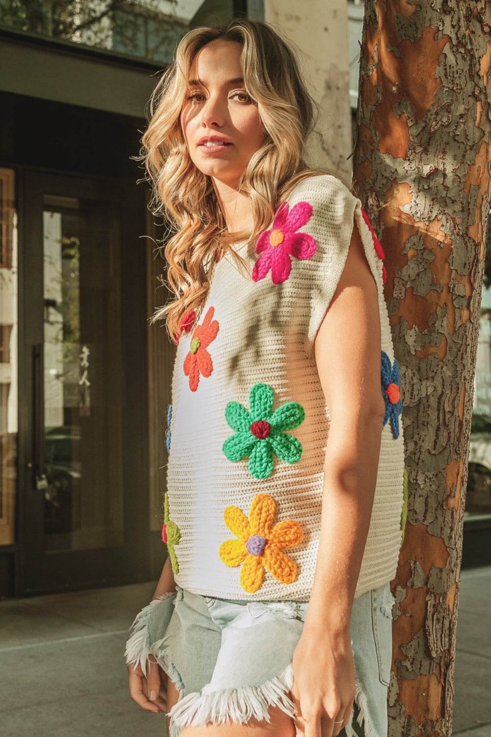 BiBi Flower Round Neck Cap Sleeve Knit Top - DaTrendStore.Com
