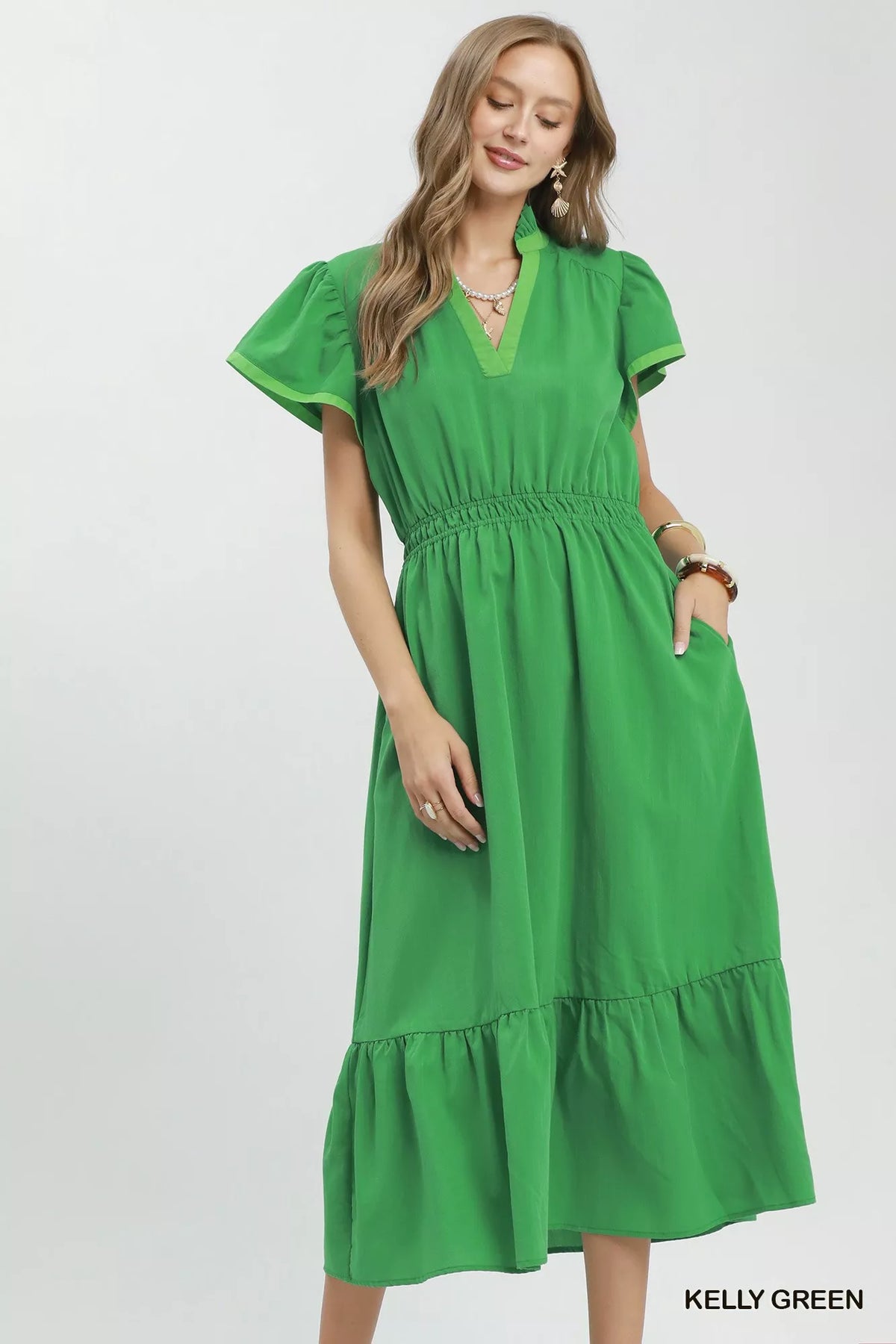 Umgee Contrast Trim Midi Dress with Tiered Ruffle Hem - Kelly Green
