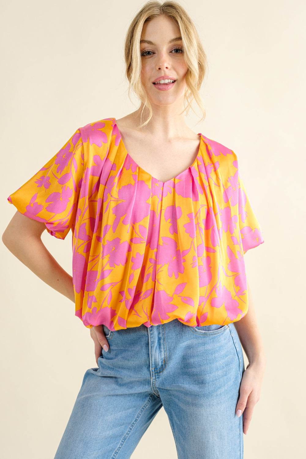 And The Why Full Size Printed Satin Bubble Hem Top - DaTrendStore.Com
