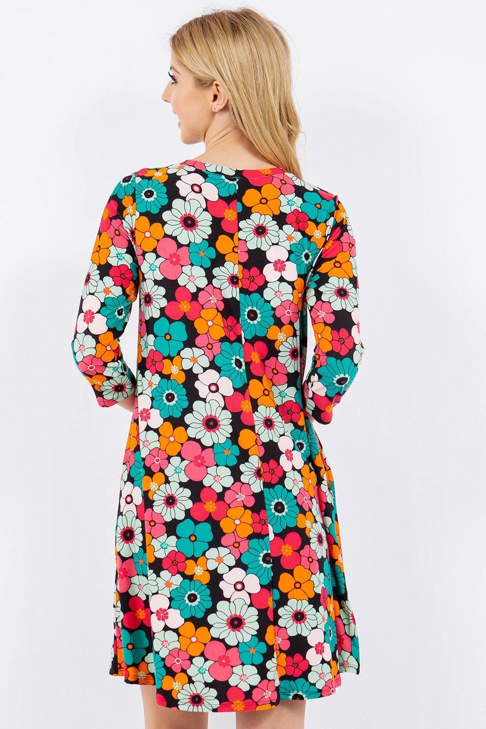 Celeste Full Size Floral Three-Quarter Sleeve Dress with Pockets - DaTrendStore.Com