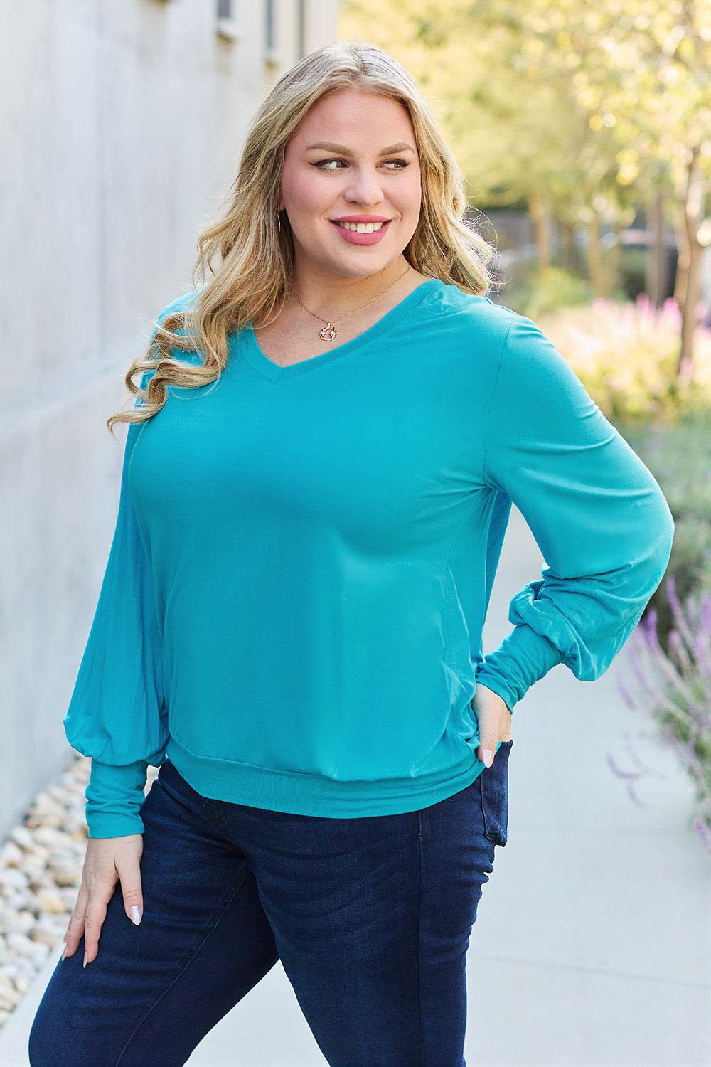 Basic Bae Full Size V-Neck Lantern Sleeve Top - DaTrendStore.Com
