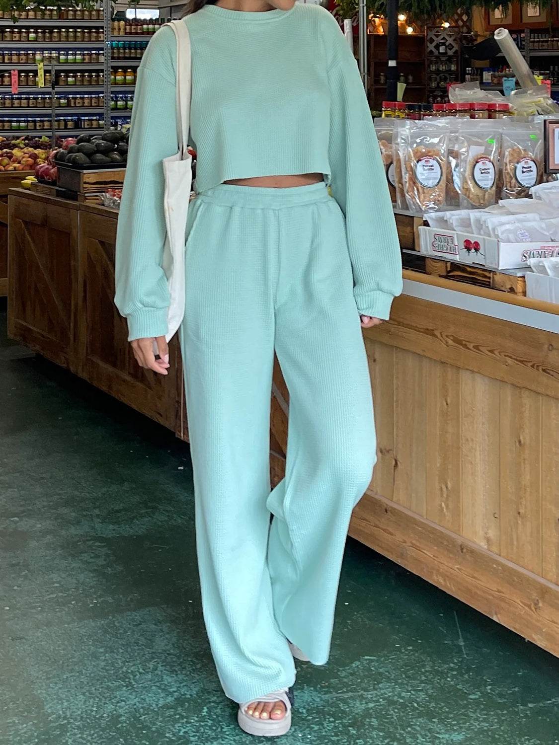 Waffle-Knit Round Neck Top and Pants Set - DaTrendStore.Com