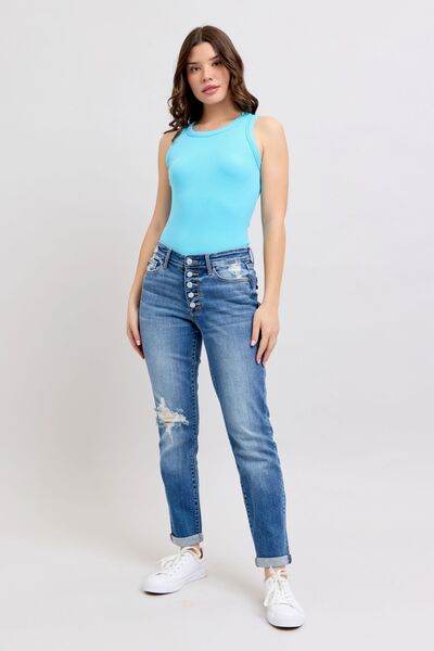 Judy Blue Full Size Button Fly Distressed Jeans with Pockets Plus Size - DaTrendStore.Com