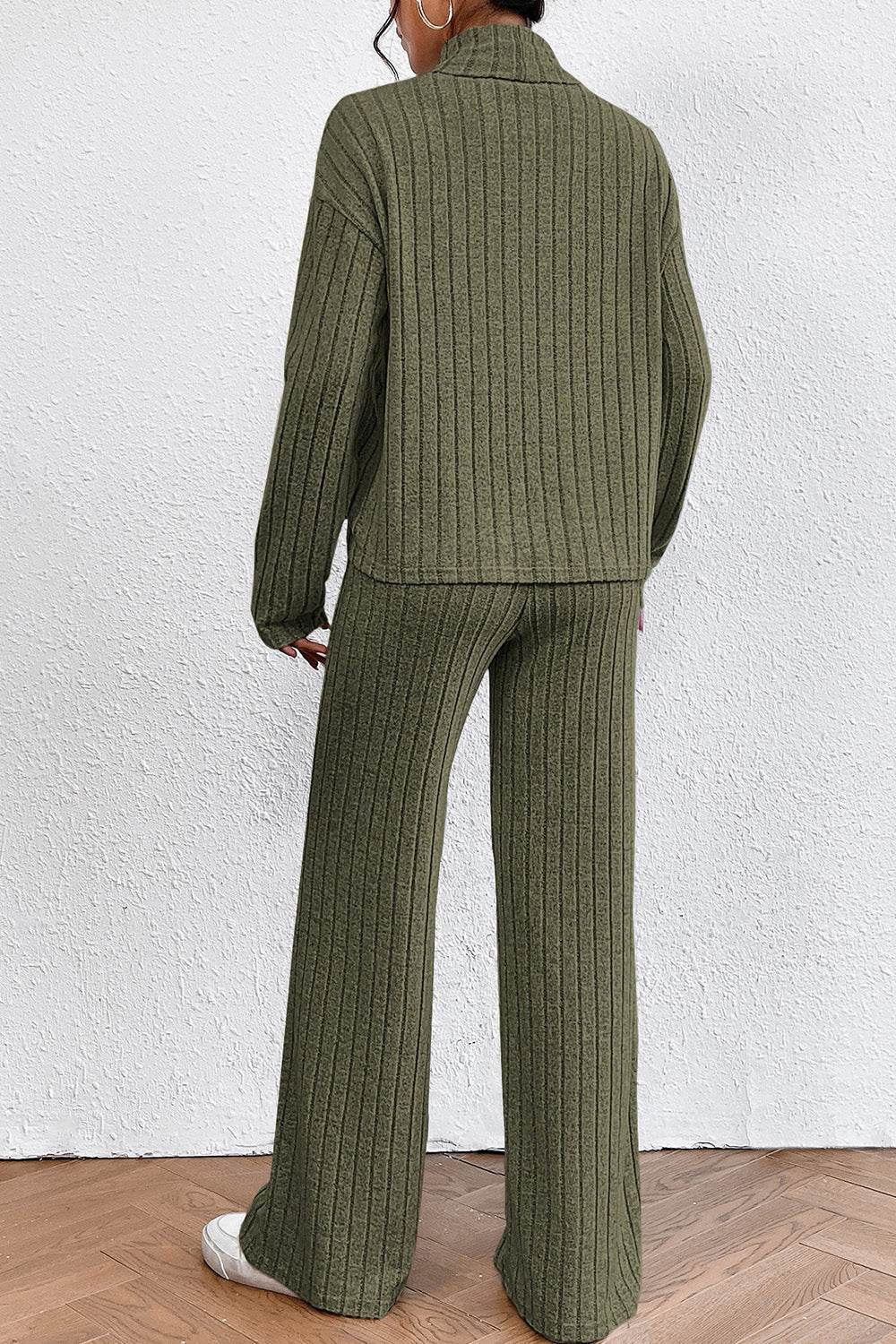 Ribbed Mock Neck Top and Pants Set - DaTrendStore.Com