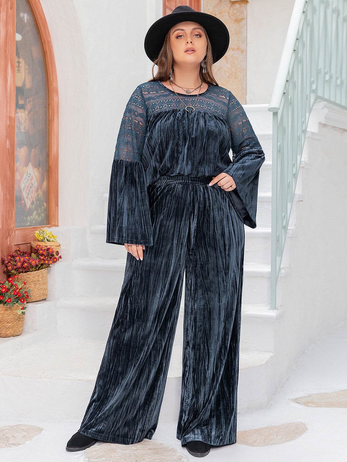 Plus Size Round Neck Flare Sleeve Top and Pants Set - DaTrendStore.Com