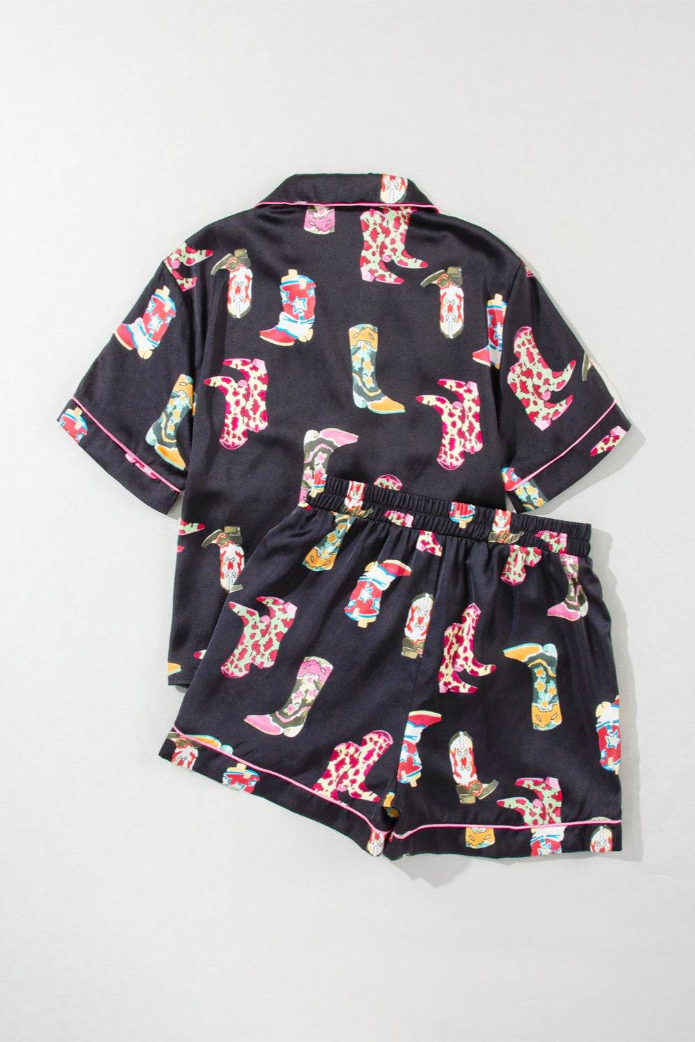 Printed Button Up Short Sleeve Top and Shorts Lounge Set - DaTrendStore.Com