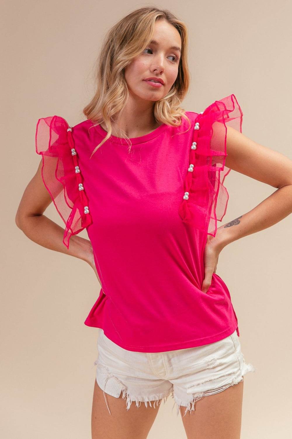BiBi Pearl Decor Mesh Ruffle Sleeve Top - DaTrendStore.Com