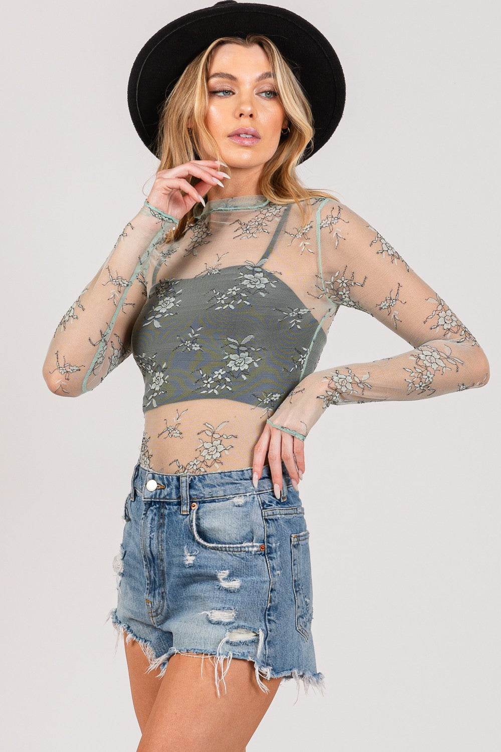 SAGE + FIG Mesh Long Sleeve Sheer Floral Embroidery Top - DaTrendStore.Com