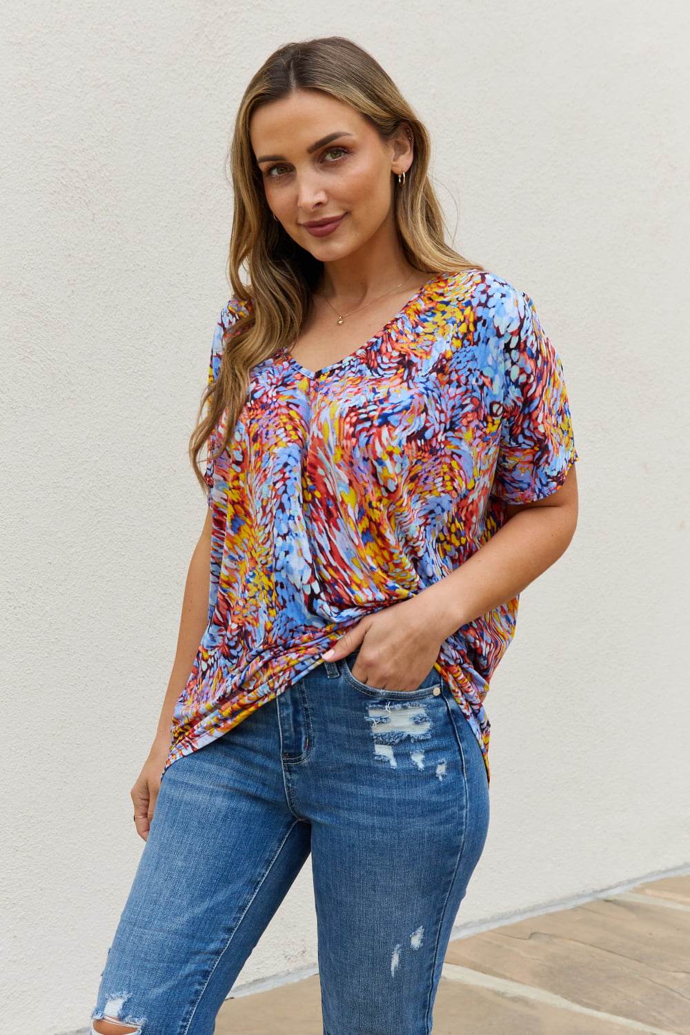 Be Stage Full Size Printed Dolman Flowy Top - DaTrendStore.Com