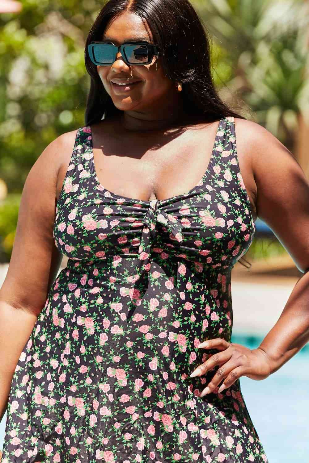 Marina West Swim Full Size Clear Waters Swim Dress in Black Roses - DaTrendStore.Com