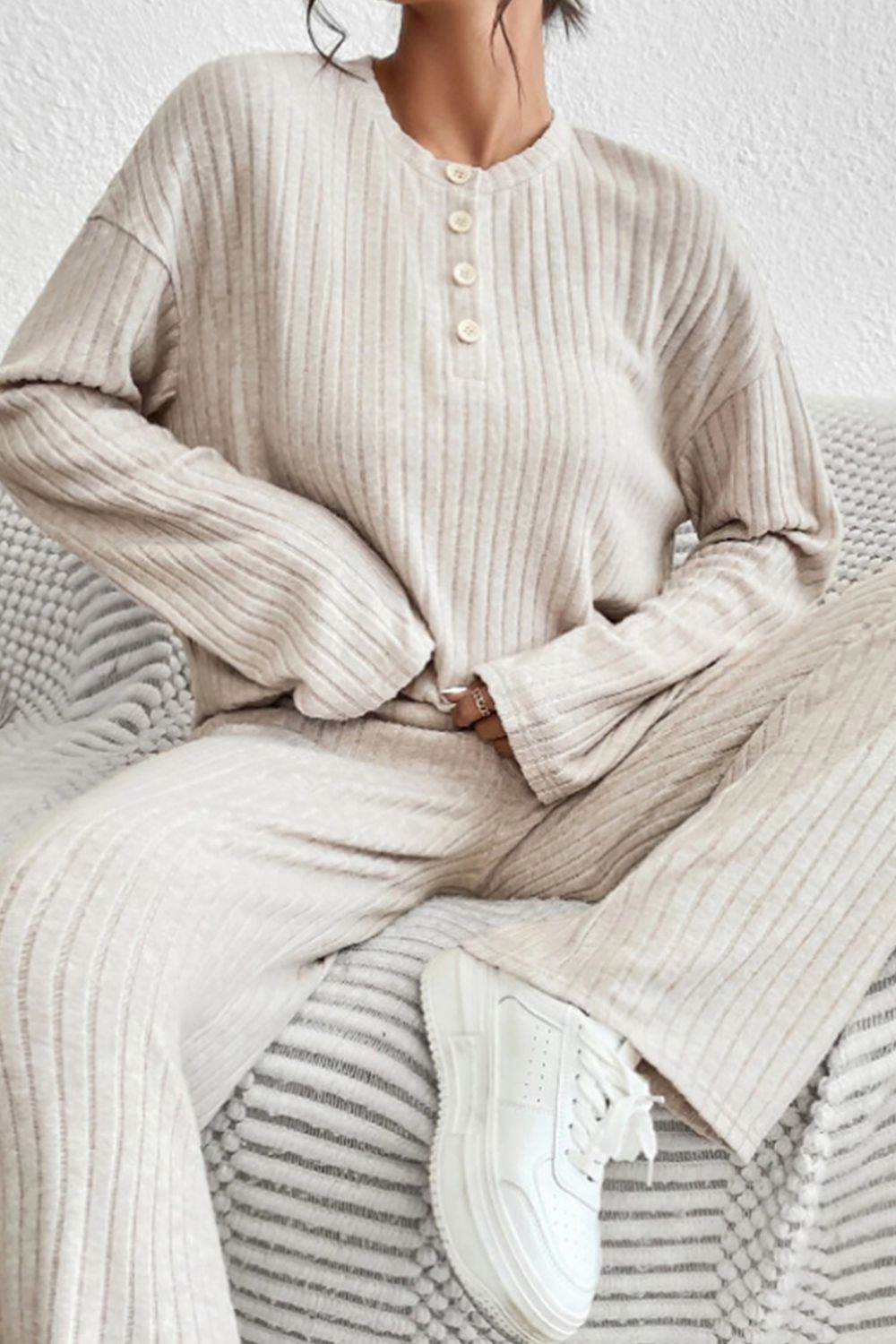 Ribbed Half Button Knit Top and Pants Set - DaTrendStore.Com