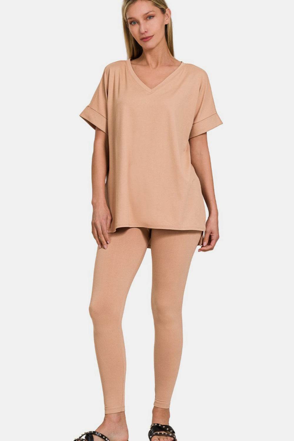 Zenana Full Size V-Neck Rolled Short Sleeve T-Shirt and Leggings Lounge Set - DaTrendStore.Com