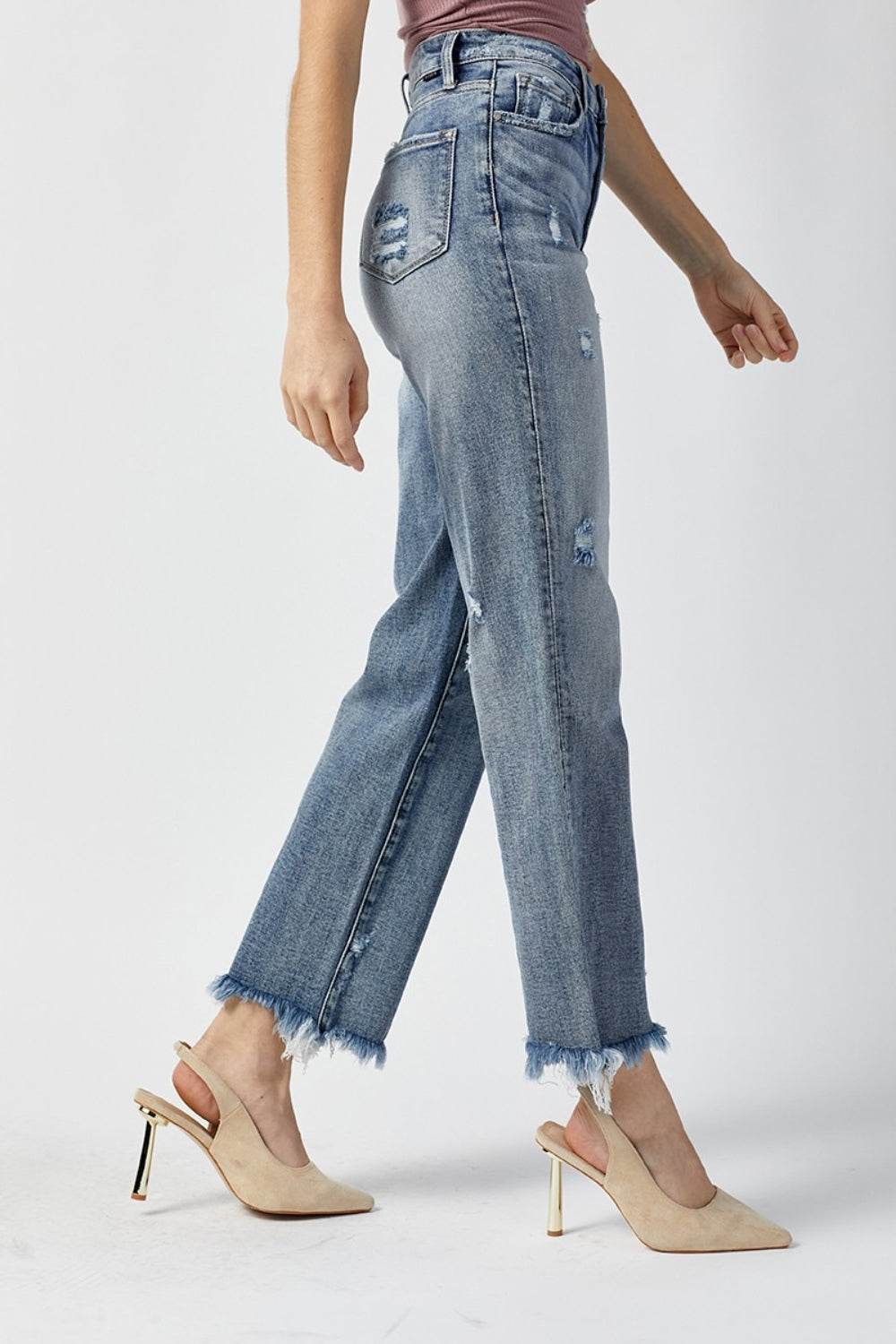 RISEN High Waist Raw Hem Straight Jeans - DaTrendStore.Com