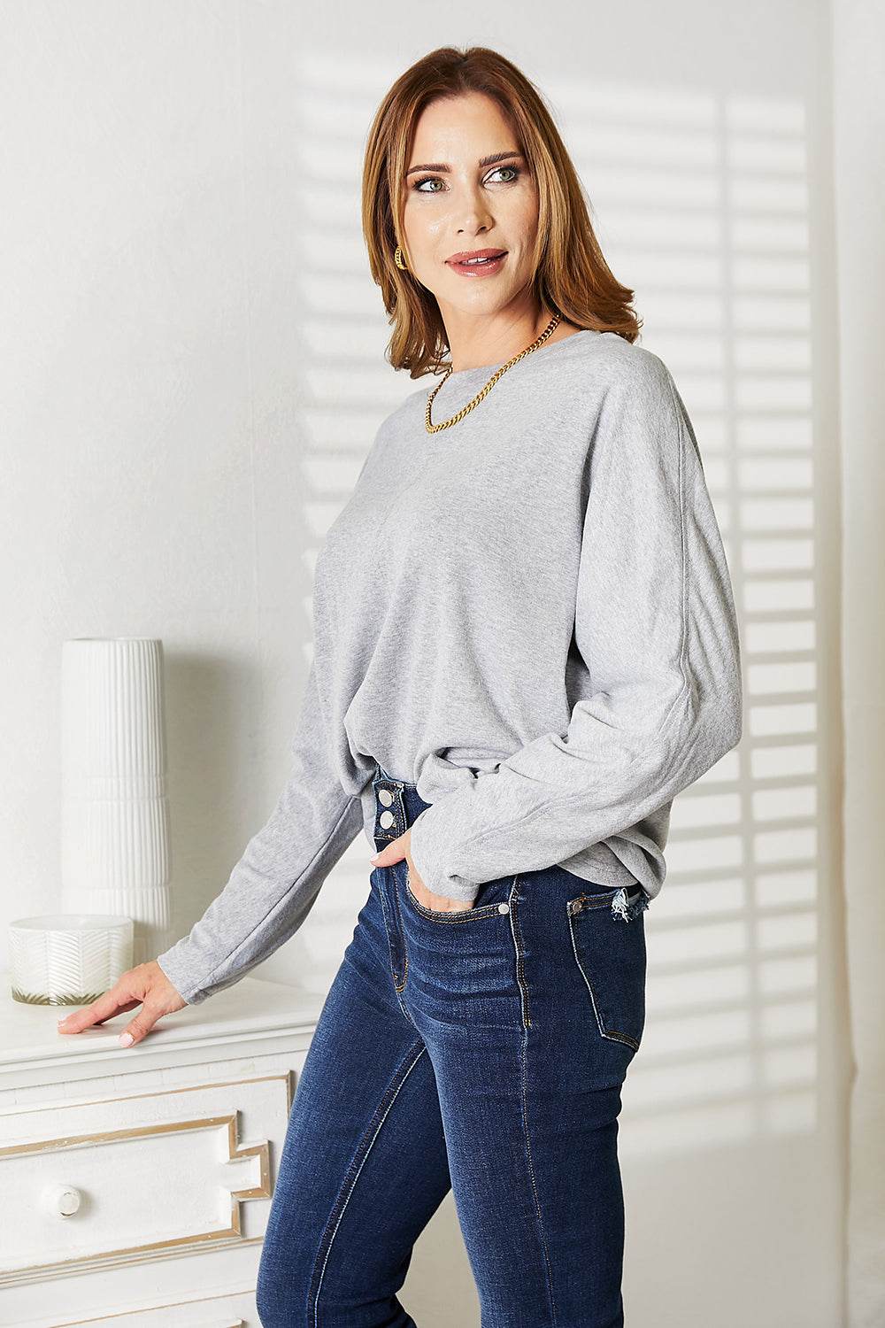 Double Take Seam Detail Round Neck Long Sleeve Top - DaTrendStore.Com