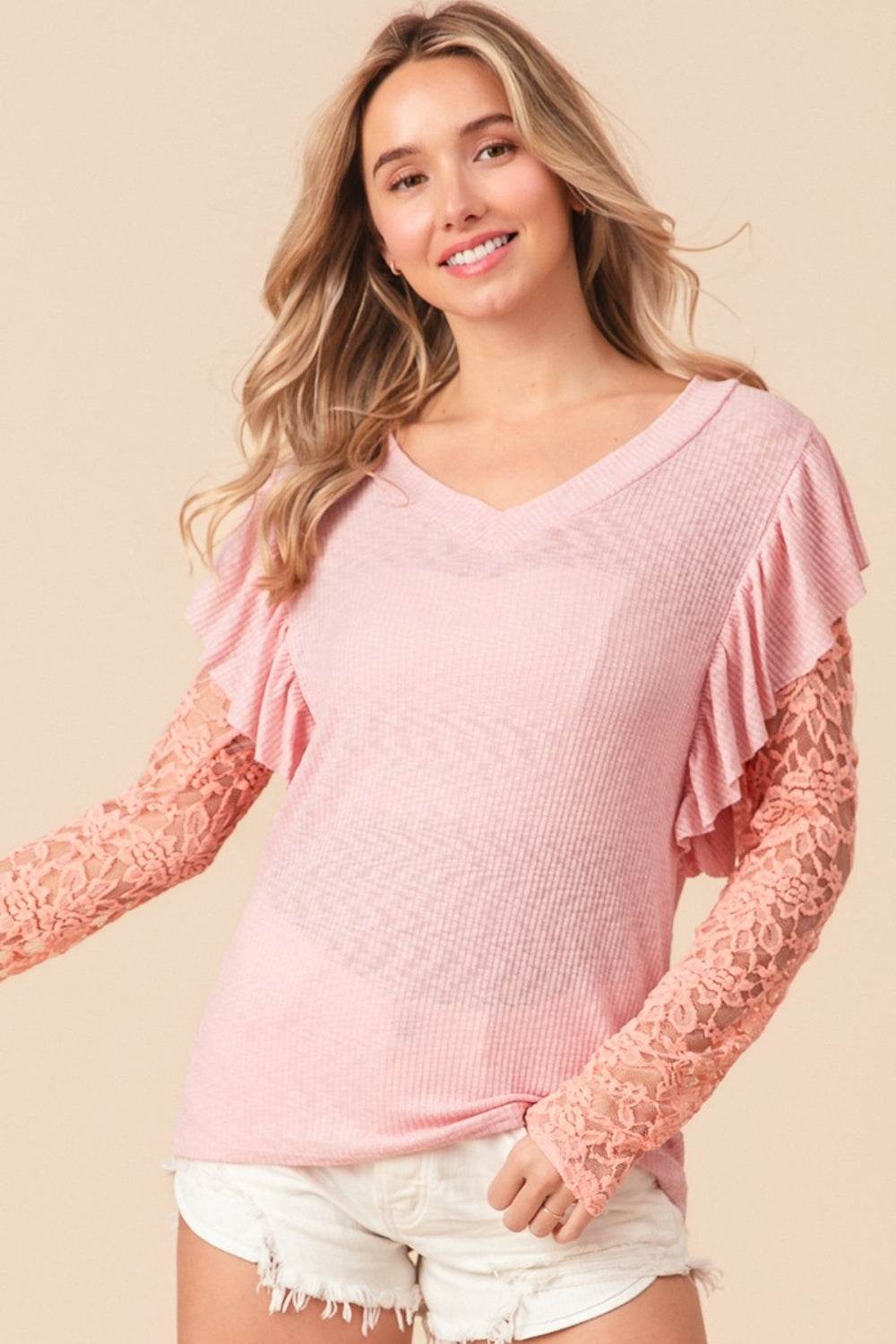 BiBi Ruffled Lace Sleeve Rib Knit Top - DaTrendStore.Com