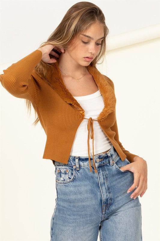 Miss Mesmerize Fur Trim Tie Front Ribbed Cardigan - DaTrendStore.Com