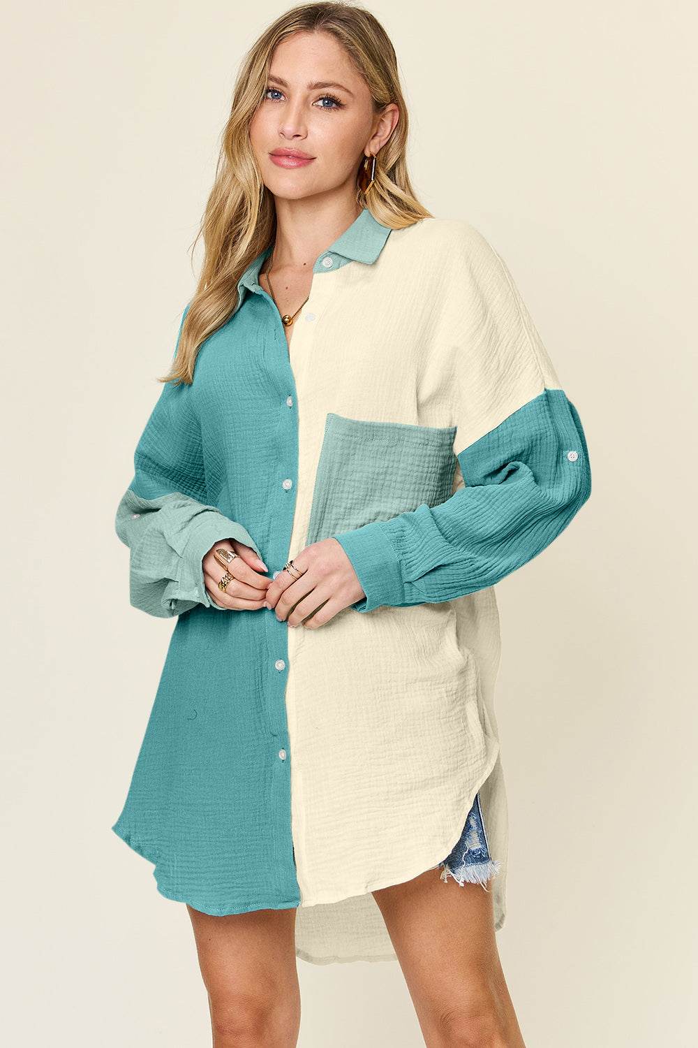Double Take Full Size Pocketed Texture Button Up Shirt - DaTrendStore.Com