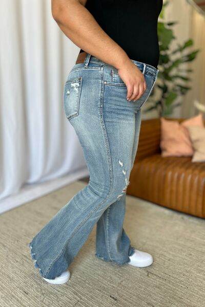 Judy Blue Full Size Medium Rise Tummy Control Destroy Flare - DaTrendStore.Com