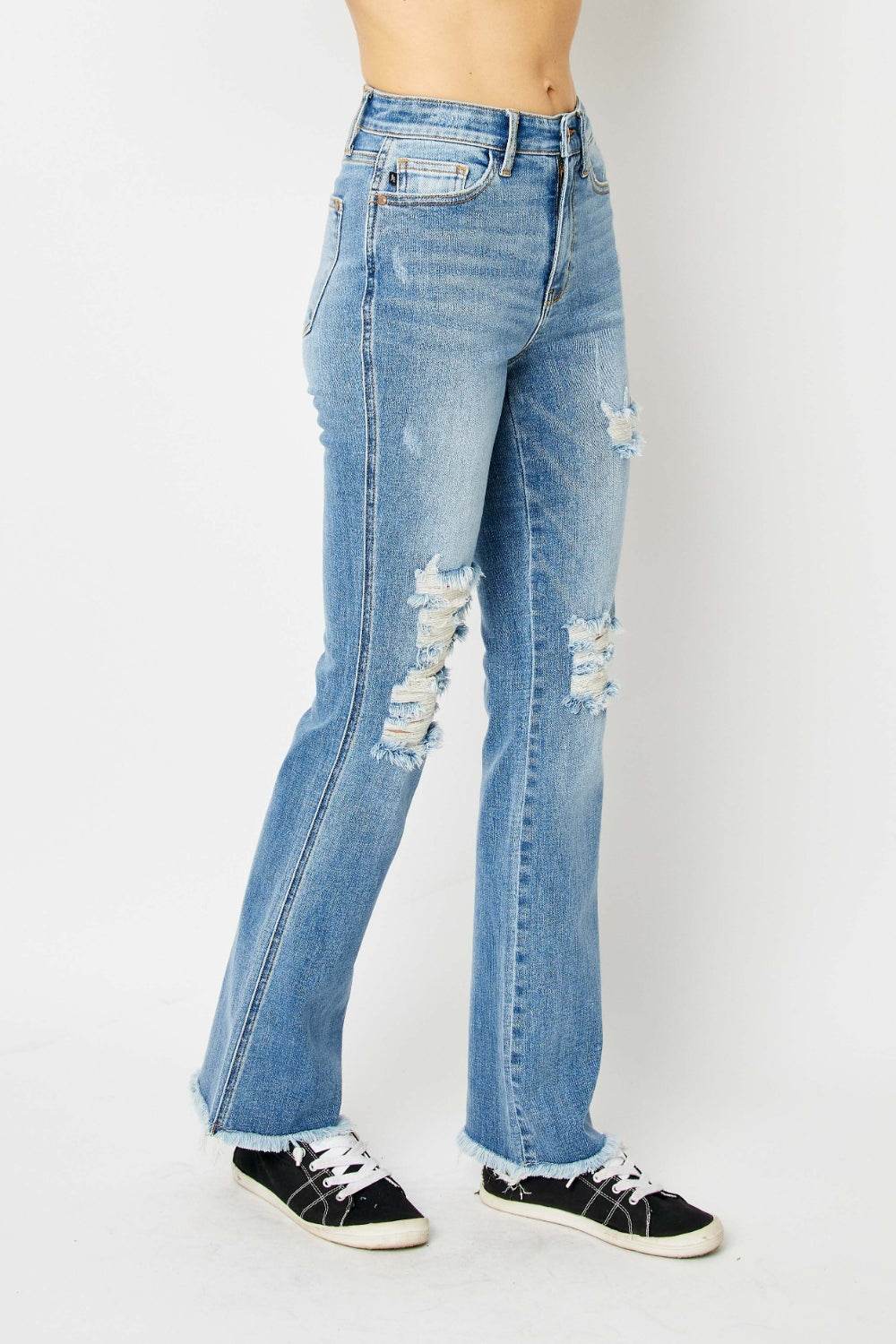 Judy Blue Full Size Distressed Raw Hem Bootcut Jeans - DaTrendStore.Com