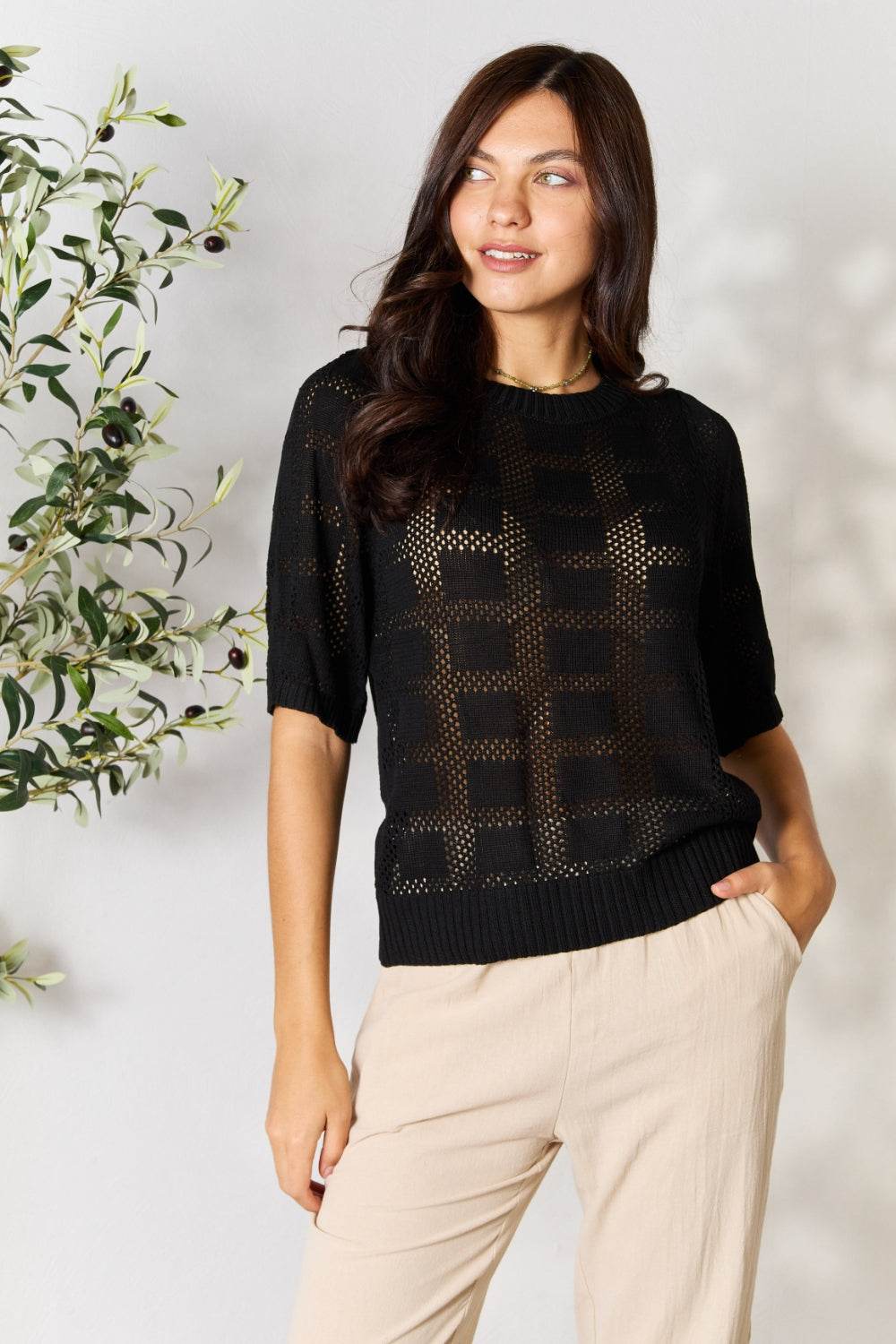 Mandy Ribbed Trim Round Neck Knit Top - DaTrendStore.Com