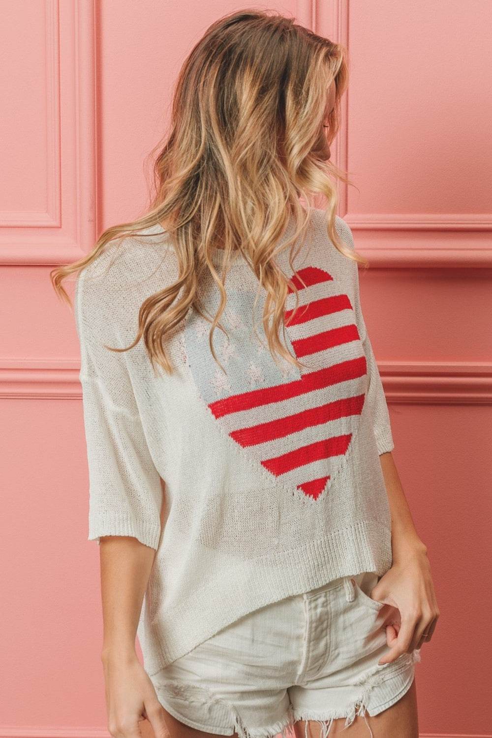 BiBi Striped Heart Contrast Knit Top - DaTrendStore.Com
