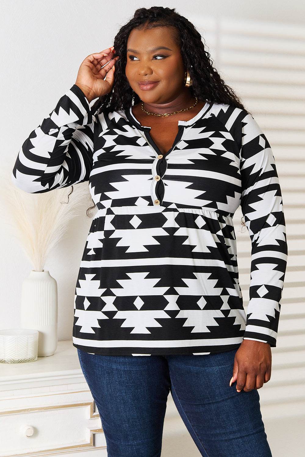 Heimish Full Size Geometric Notched Neck Long Sleeve Top - DaTrendStore.Com