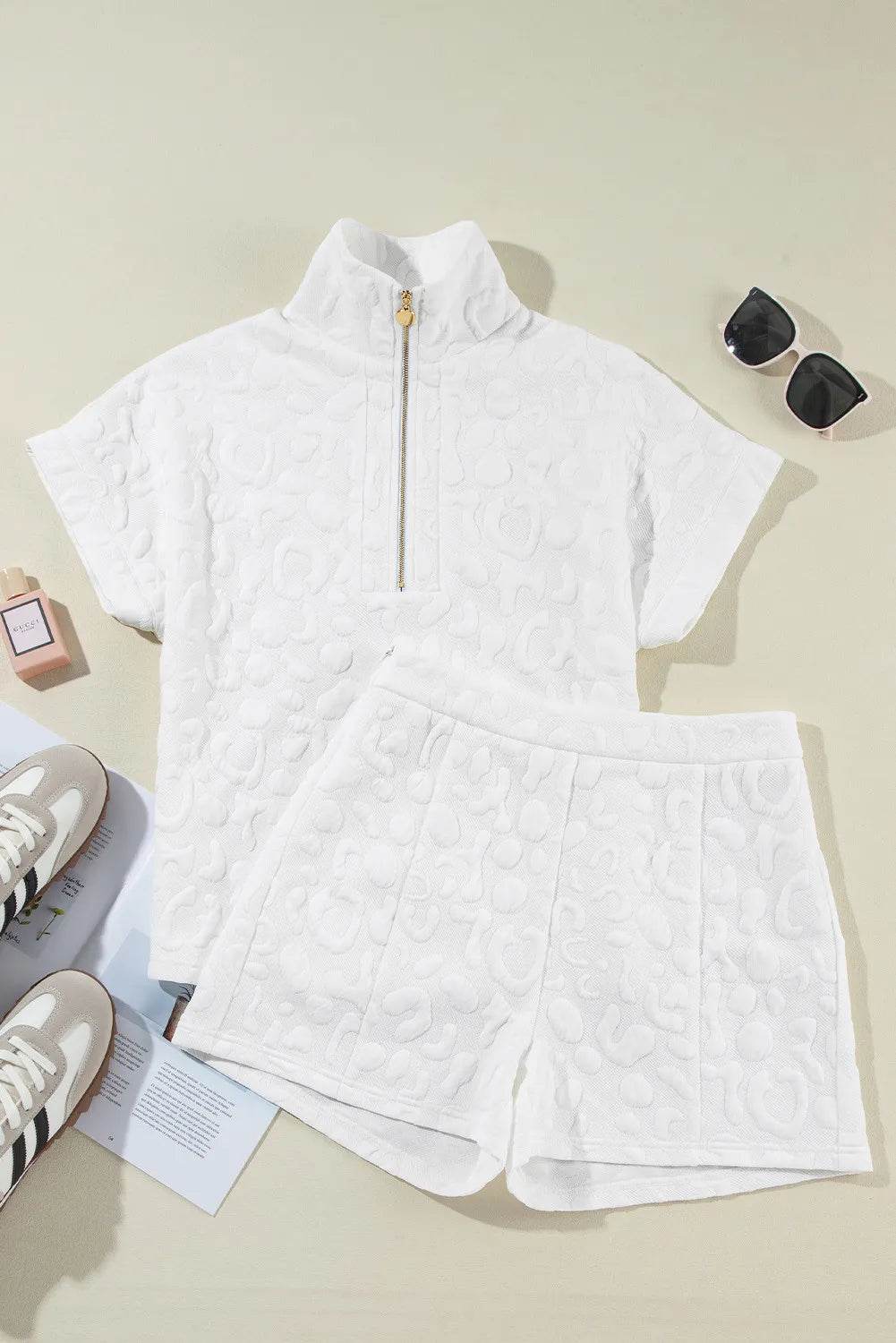 Half Zip Short Sleeve Top and Shorts Set - DaTrendStore.Com
